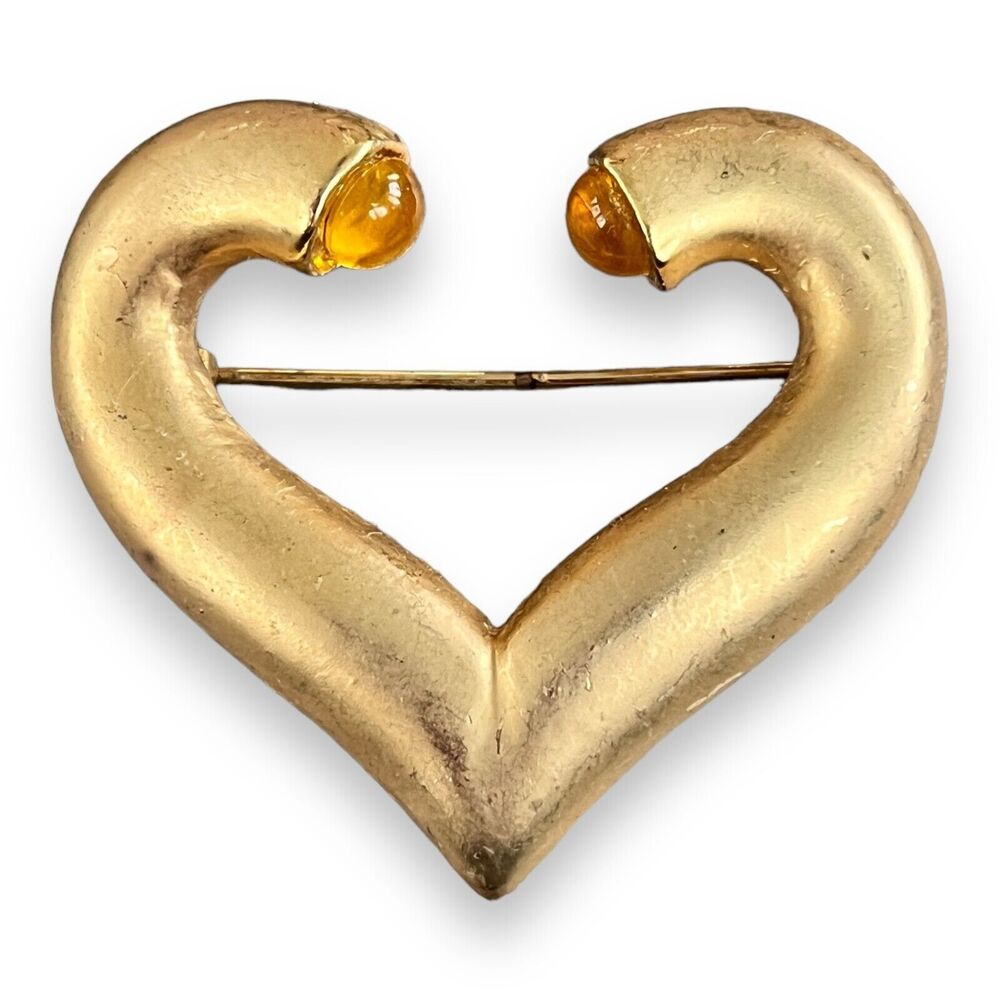Vintage 1970s Gold Tone Cast Heart Brooch Gripoix Style Amber Accents - 4W